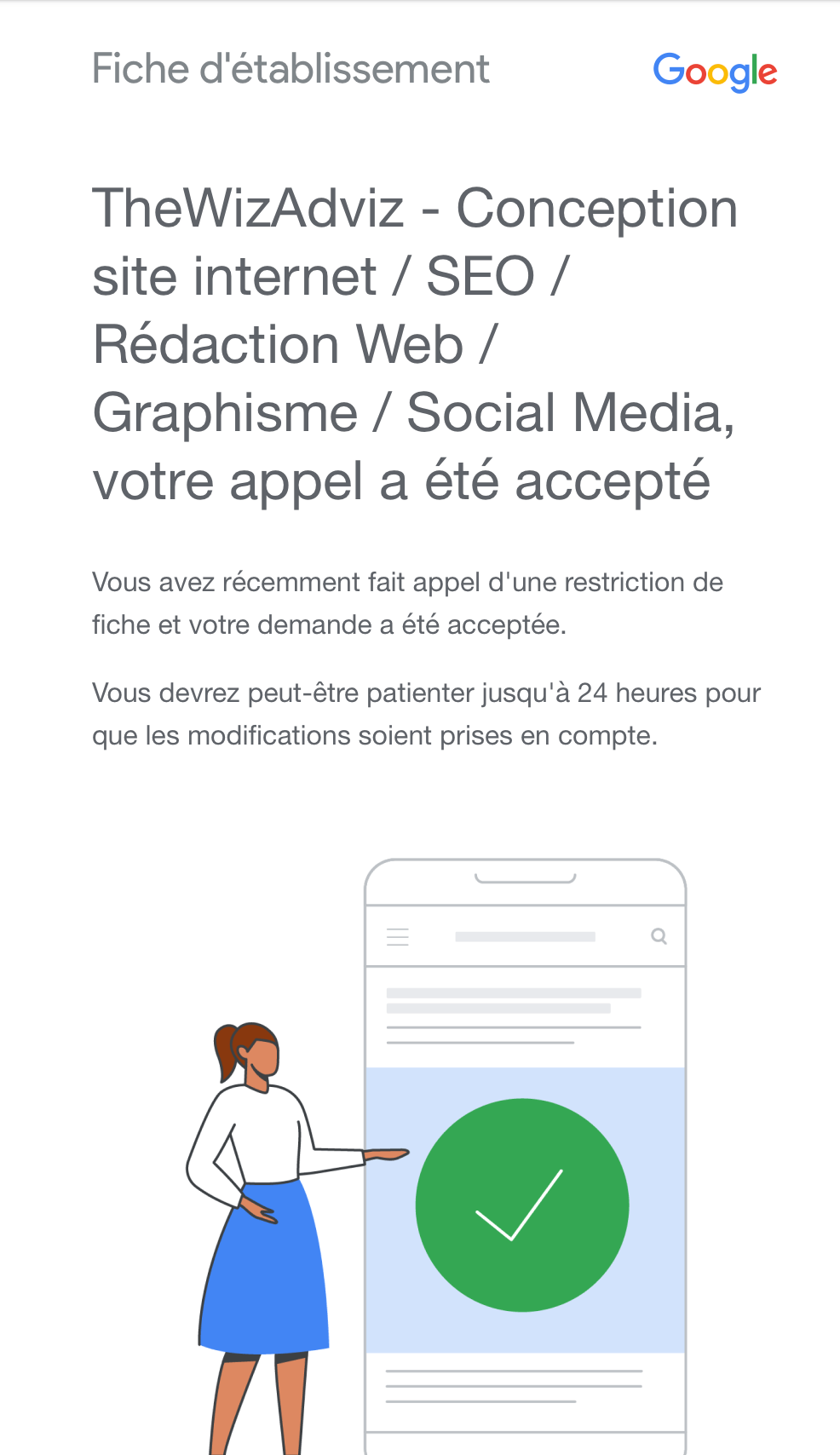 Google accepte que l'on fasse appel de sa décision de supprimer notre fiche établissement