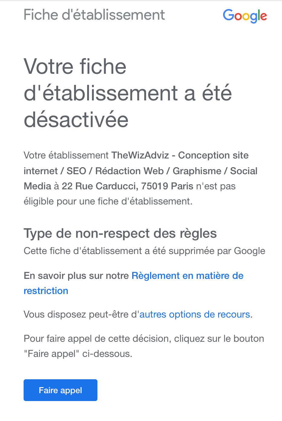 Désactivation de la fiche établissement TheWizAdviz par Google